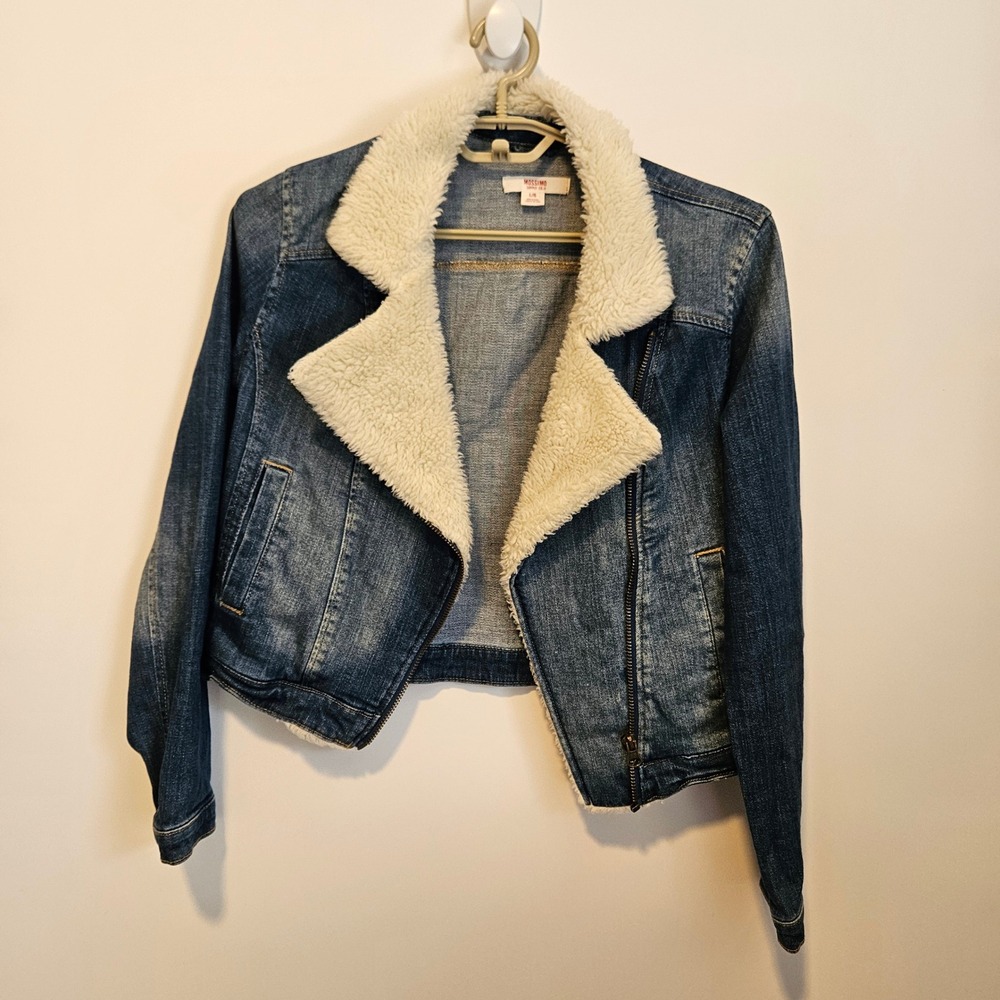 Denim Sherpa Jacket Large Moto Trucker Asymmetrical Y2K Gilmore Western Boho